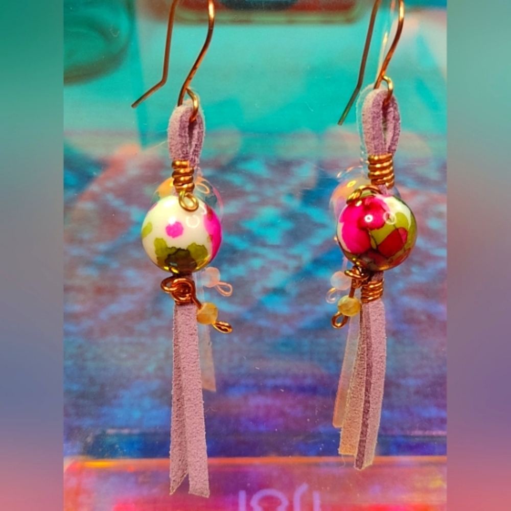 Copper wire wrapped beaded faux leather handmade earrings